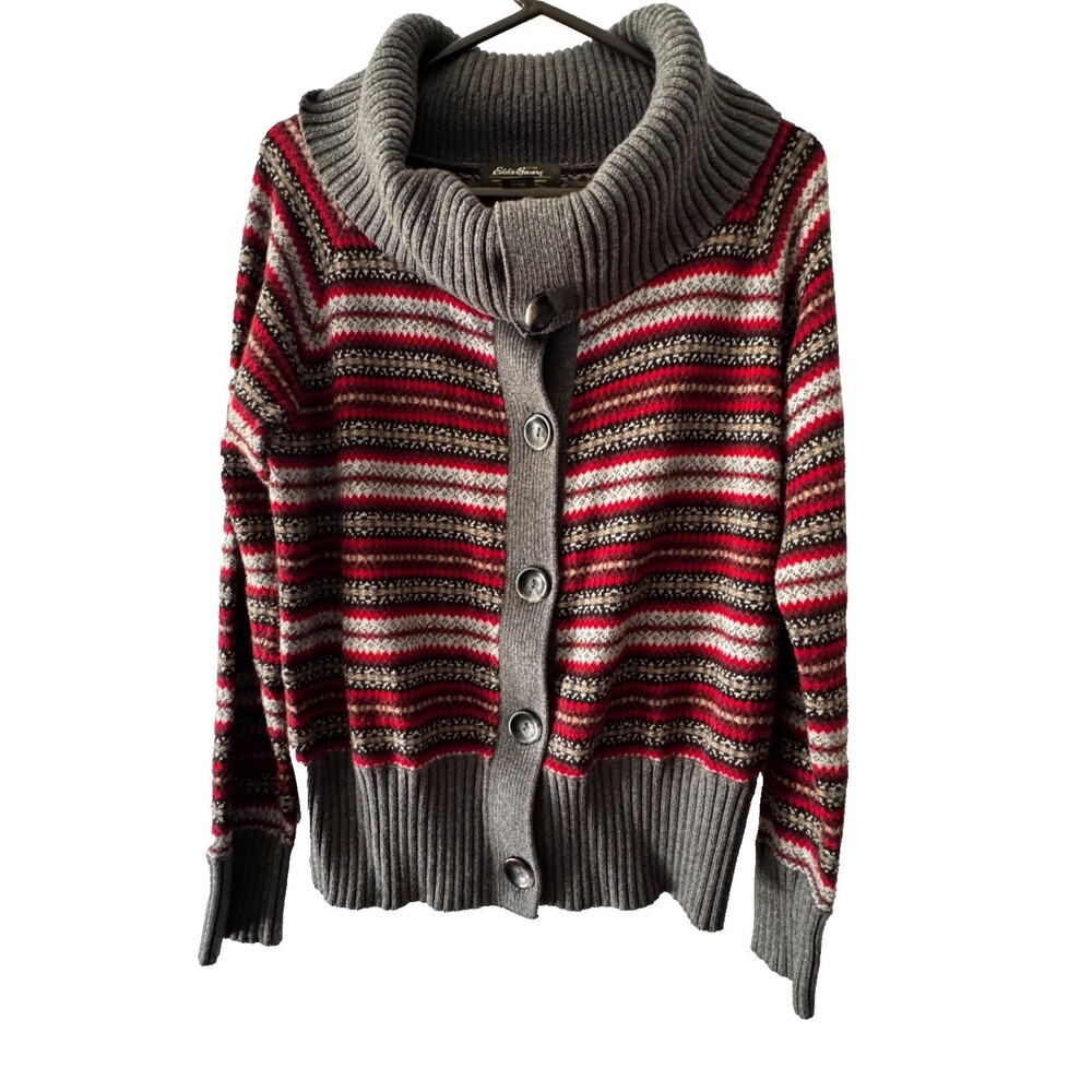 Eddie Bauer Fair Isle Cardigan Sweater Wool Angora Shawn Collar Women's XL